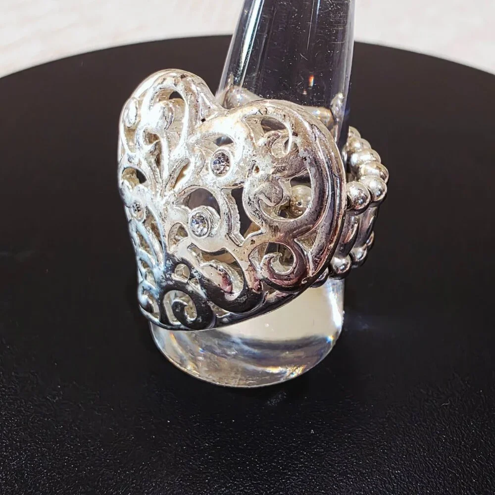Vintage Silver Filigree Rhinestone Accent HEART Adjustable Fashion Ring SZ 9.5+